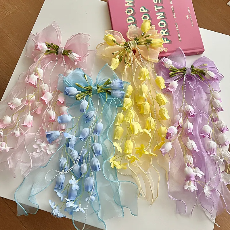 Ethereal Lily of the Valley Bow Hair Clips for Girls – Princess Ribbon Streamer Snap Clips, Cute Floral Hair Accessories for Children's Braiding and Daily Styling